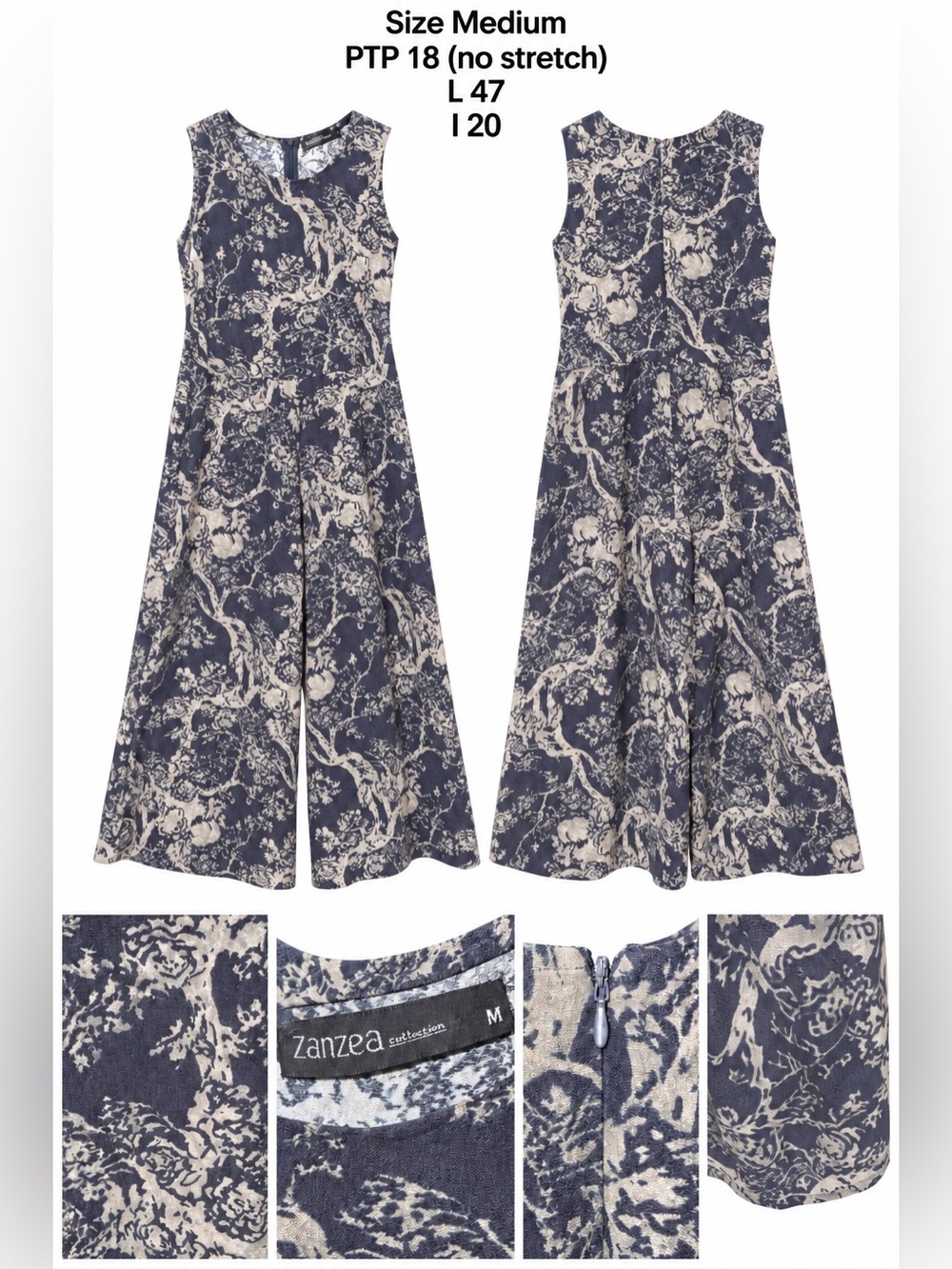 Zanzea Navy & Cream Floral Sleeveless Wideleg Romper